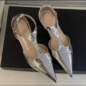 Women Silver Mirror T Strap Pointed Flat Shoes